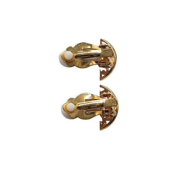 Faux Pearl Round Openwork Ornate Earrings Clip on Closure Gold Tone Vintage - Picture 3 of 4